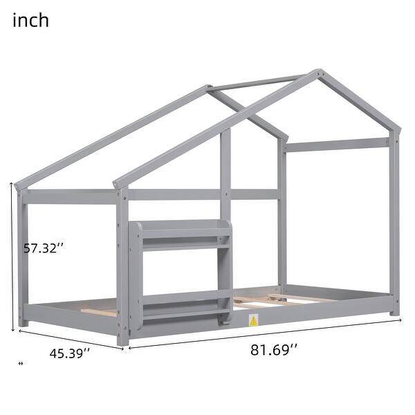 dimension image slide 1 of 2, Nestfair Twin Size Wooden House Bed with Twin Floor Wooden Bed with Shelf and No Box Spring Needed