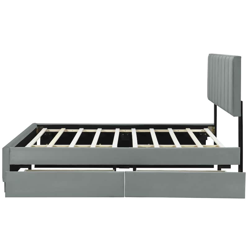 HomeRoots Gray Tufted Velvet Upholstered Queen Bed Frame With Trundle And Drawers