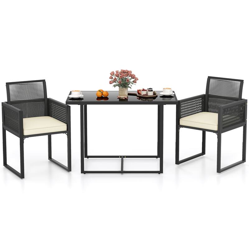 Gymax 3PCS Patio PE Wicker Furniture Set Cushioned Chairs w/Folding