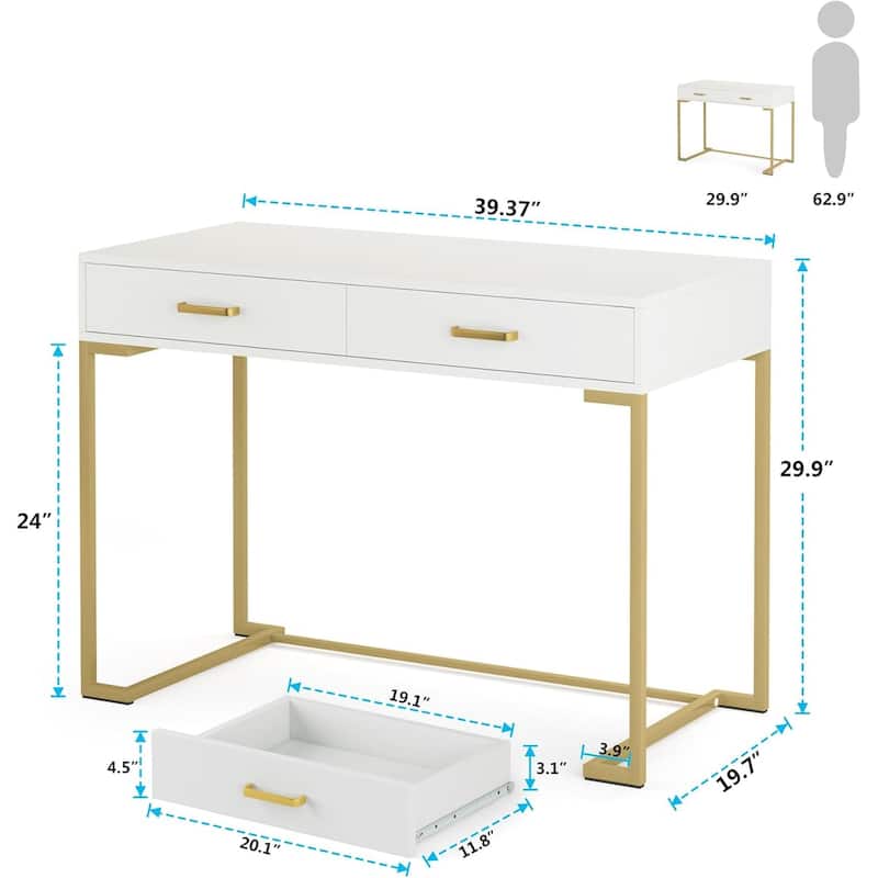 40"White and Gold Computer Desk with 2 Drawers, Modern Home Office Desk, Compact Writing Table, Vanity Desk for Bedroom