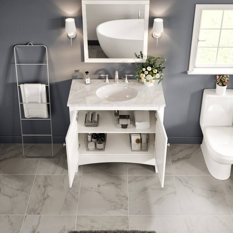 New York 30" White SS Bath Vanity with Carrara Marble Top & Undermount Sink