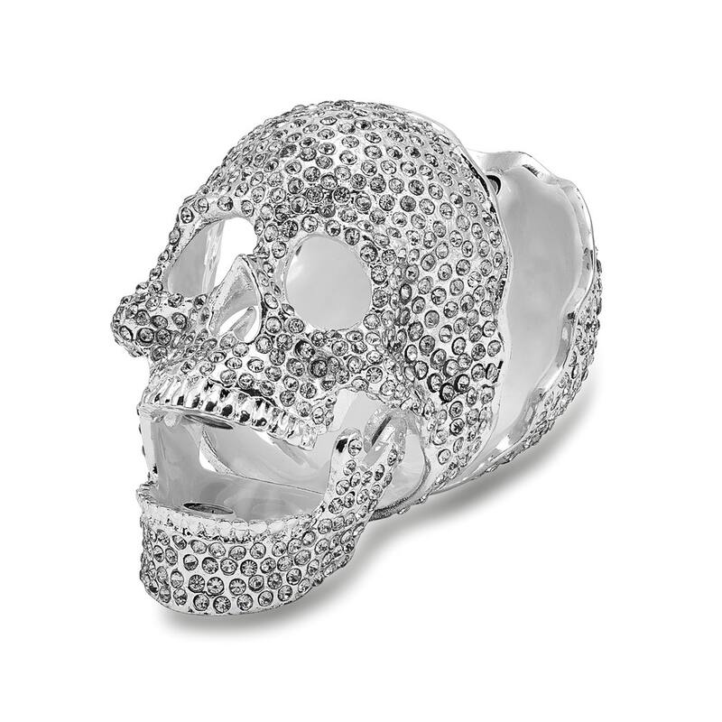 Curata Pewter Crystals Silver-Tone Enameled Treasure Trove Full Crystal Skull Trinket Box on 18 Inch Necklace