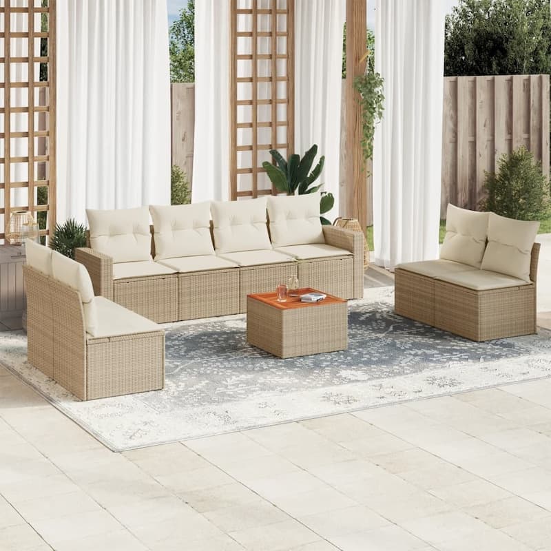 vidaXL Patio Sofa Set with Cushions Outdoor Furniture 9 Piece Poly Rattan - 25.8 x 24.4 x 27.2 - Beige and Cream
