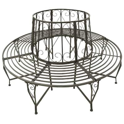 Grey Steel Circular Tree Bench Wrap Outdoor Seating for Garden - 35 H X 63 W X 63 D (inches)
