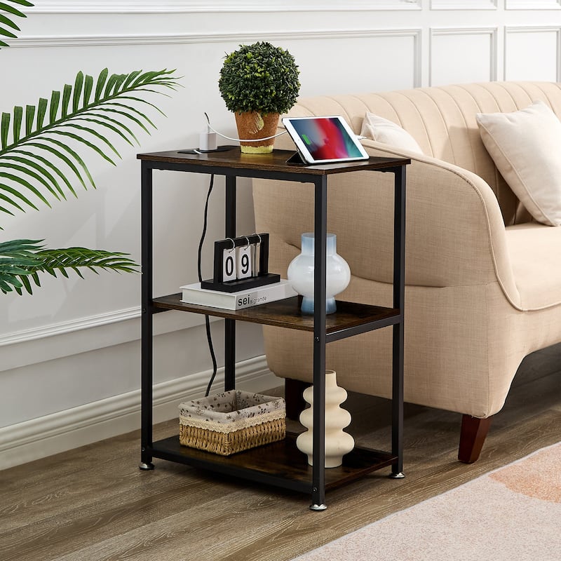 VECELO Industrial Nightstand with Charging Station 3-Tier End Table Bedside Table Black Steel Frame for Small Spaces