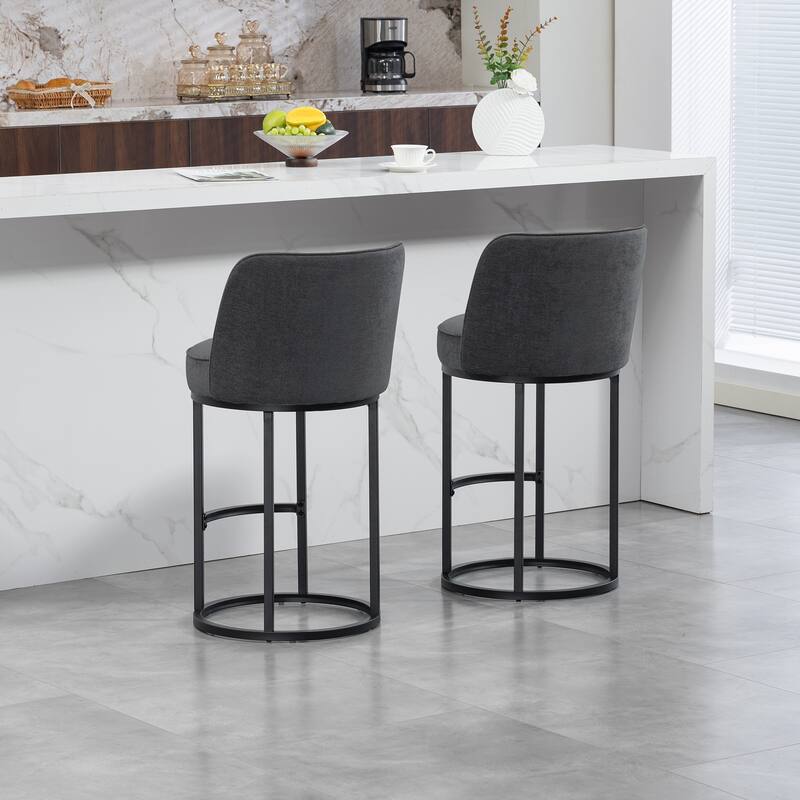 Counter Height Bar Stools Set of 2, Modern Barrel Counter Stools with Backrest, Linen Fabric Upholstered Accent Bar Stools