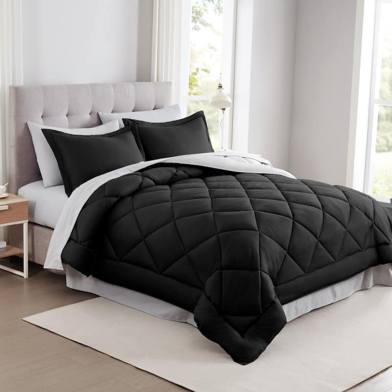 Modern Threads 7-Piece Reversible Comforter Set - Includes Comforter, Sheets, Pillowcases, Shams - Black - Queen