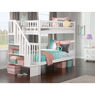 Woodland Twin over Twin Solid Wood Staircase Bunk Bed in White