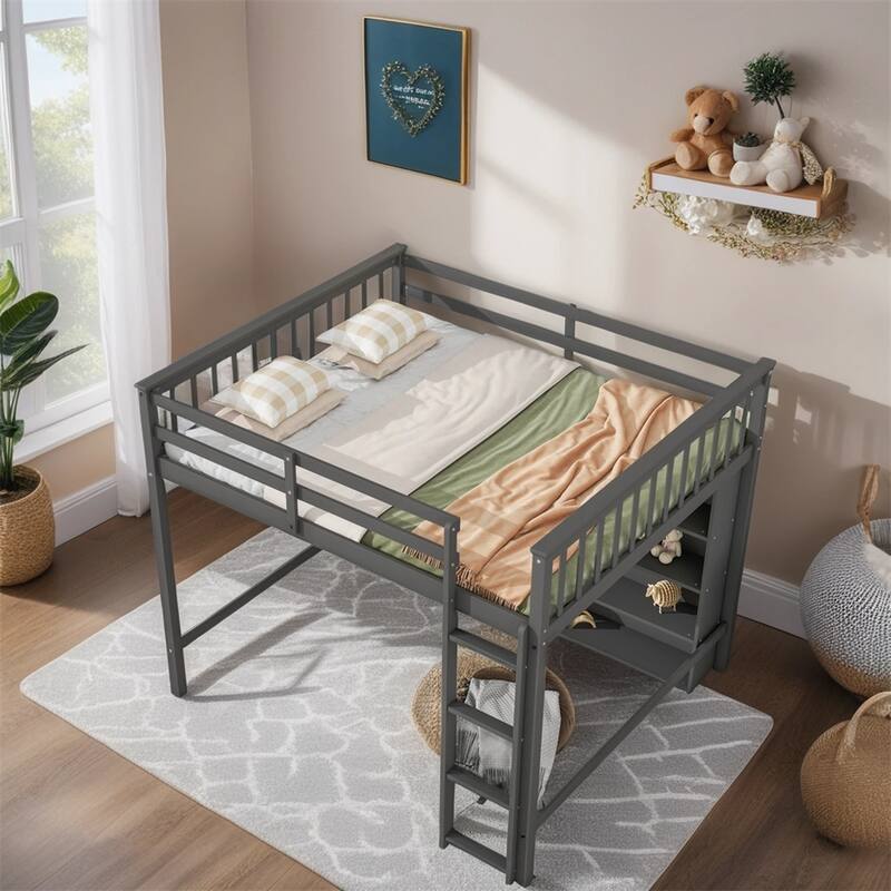 Full Size Wood Loft Bed w/ 8 Open Storage Shelves and Built-in Ladder