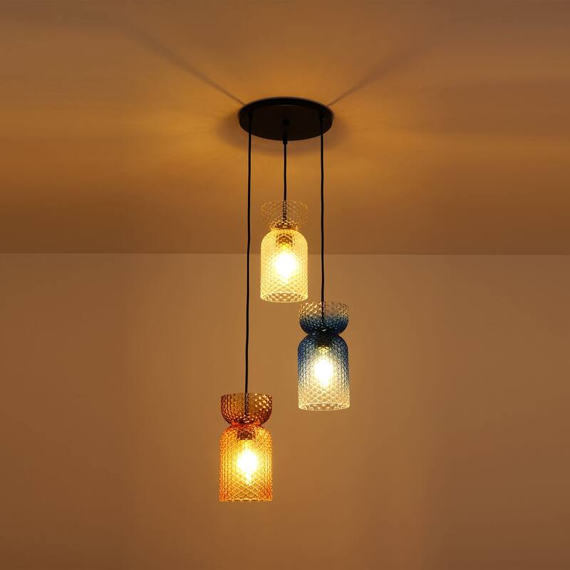 1/3-Light Modern Glam Bell-Shaped Adjustable Island Pendant Light with Clear/Blue/Amber Textured Glass