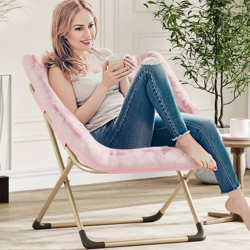 Faux Fur Saucer Foldable Comfy Lazy Sofa Chair for Bedroom Dorm Gaming Room Living Room