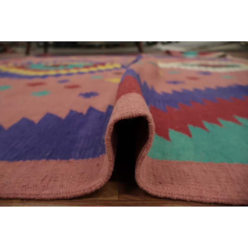 Hand Woven Oriental 100% Wool Carpet Southwestern Tribal Pink Kilim Area Rug - 9' 6'' X 8' 3''