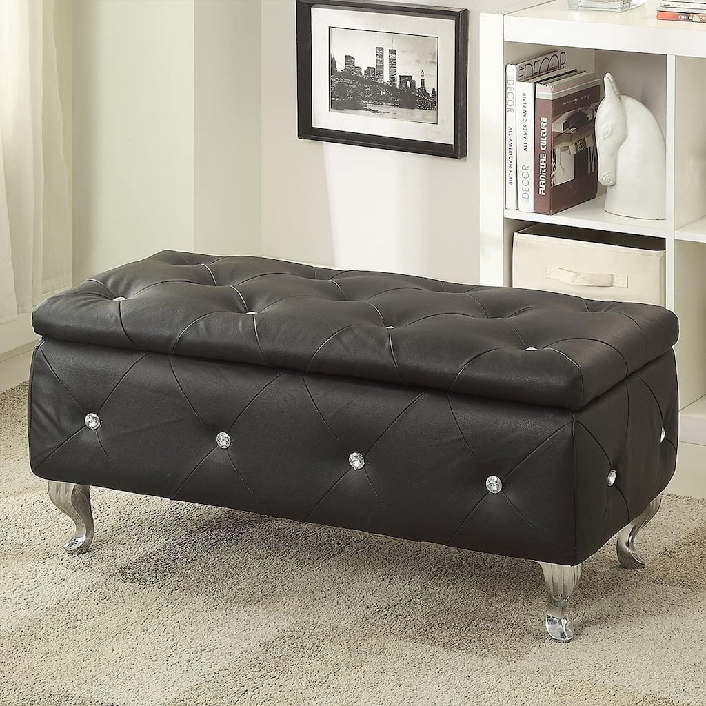 Vintage Black Button Tufted Bonded Leather Storage Ottoman Bench - 38.5" L x 18.5" W x 18.5" H