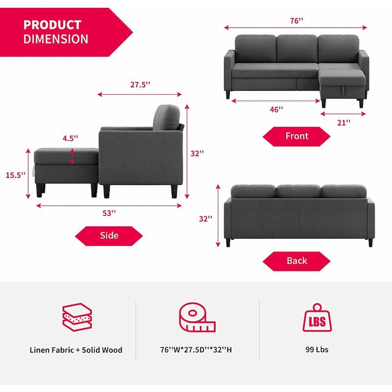 Mixoy 78"Sectional Sofa with Ottoman, Free Combination L Shaped Sofa Couch Set