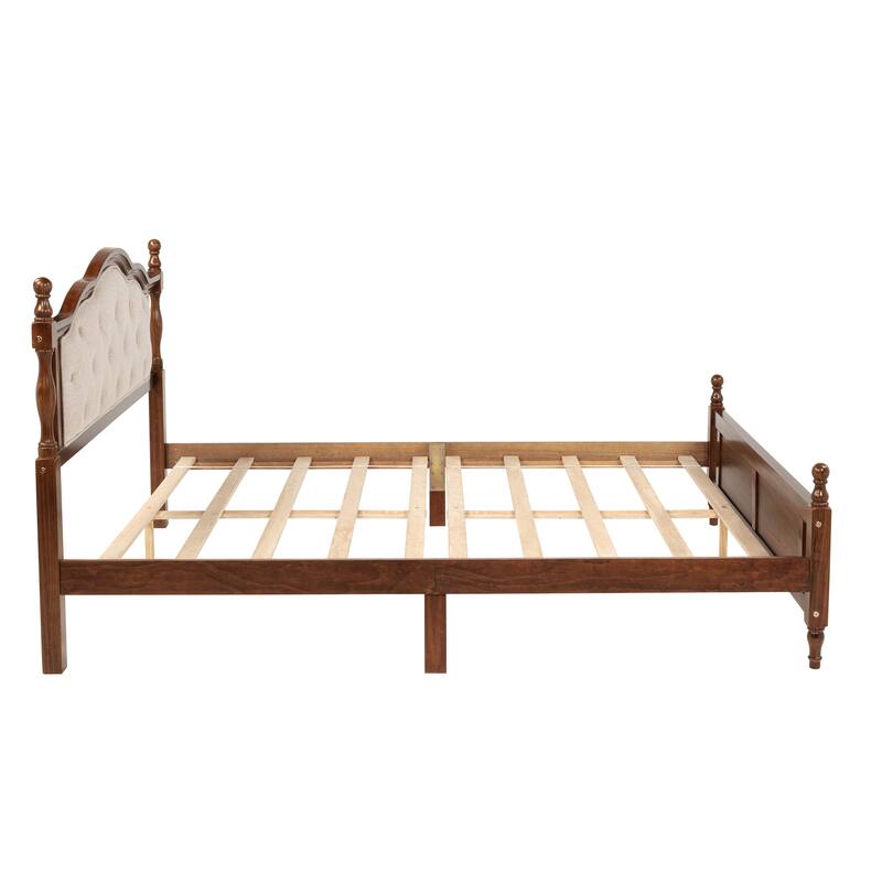 Queen Pine Wooden Bed with Upholstered Headboard and Panel Footboard, Walnut