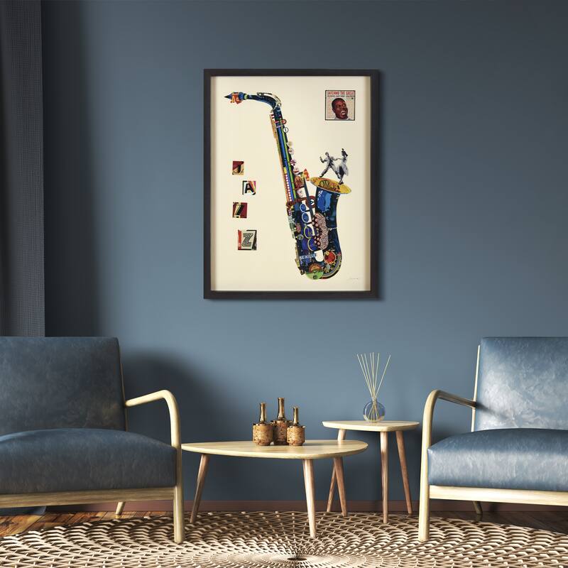 "Saxphone" Dimensional Collage Framed Graphic Art Under Glass Wall Art