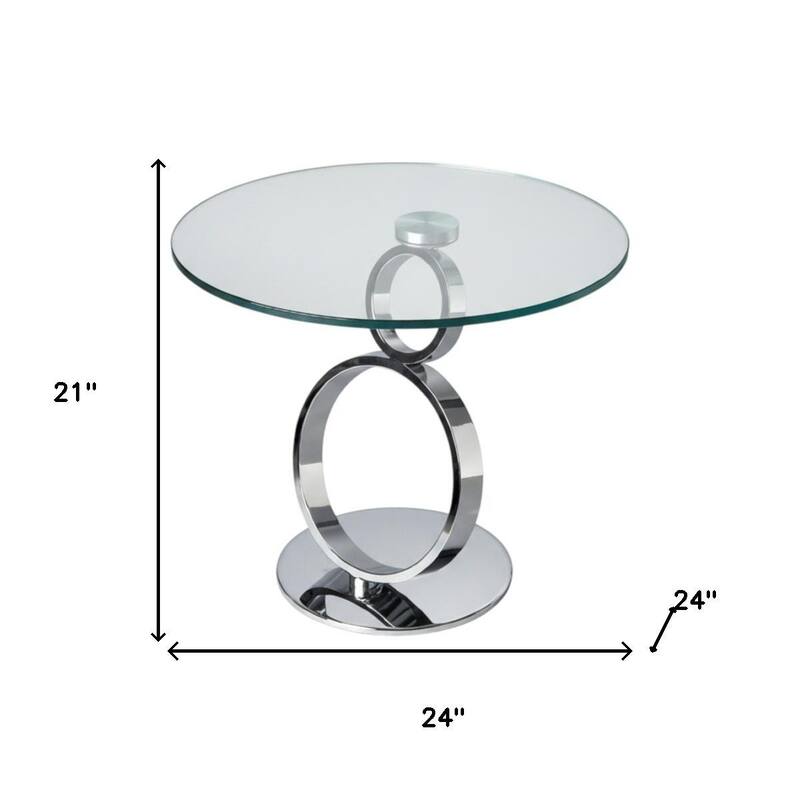 HomeRoots 21" Clear and Silver Glass and Metal Round Pedestal End Table - 24.00 in. x 21.00 in. x 24.00 in.
