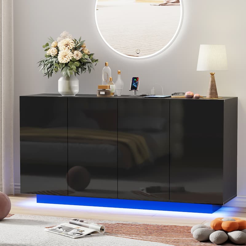 Buffet Cabinet with Storage Bar Cabinet LED light High Gloss Doors for Bedroom, Living Room - Black