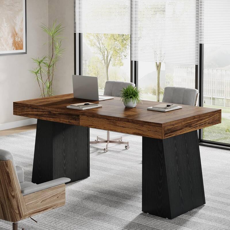 Conference Table, Modern Meeting Table with Thick Tabletop and Trapezoidal Legs - Rustic Brown & Black