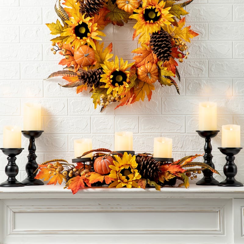 Glitzhome 24" Metal Fall Floral Candle Holder Center Piece