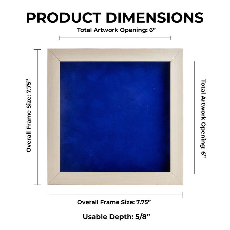 6x6 Shadow Box Frame White Washed Wood | With a 3/4" Usable Display Depth | Includes a Royal Blue Real Suede Texture Acid-Free