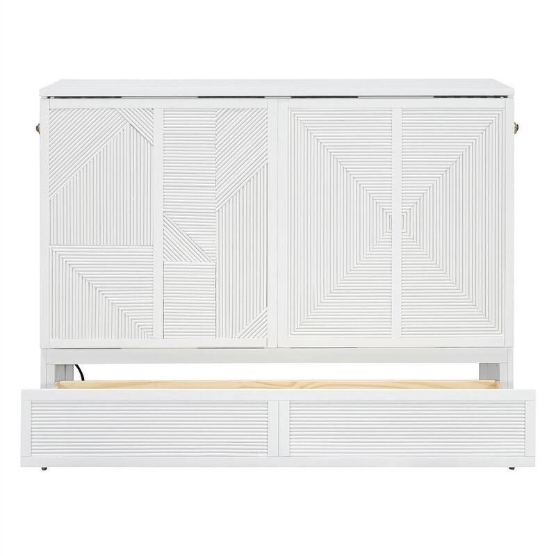 Full/Queen Size Murphy Bed with a Large Storage Drawer, Modern Wall Bed Foldable Murphy Cabinet Bed with USB Ports and Outlets