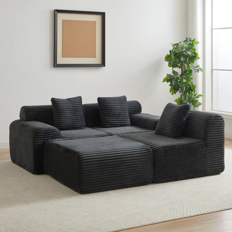 L-Shaped Modular Sectional Sofa with Ottoman, Corduroy Upholstered Boneless Couch, Deep Seat Sofa with Throw Pillows