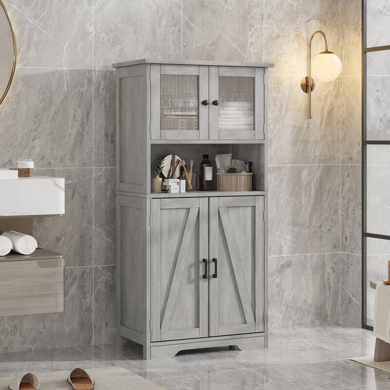 Efrin Linen Storage Cabinet Freestanding Floor Kitchen Pantry Storage Cabinet with Glass Doors Adjustable Shelves - Grey