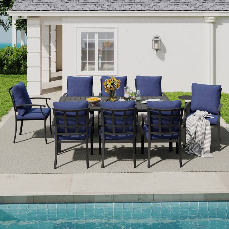 IvyGlow 9-Piece Black Metal Patio Dining Set with Rectangular Table and Gray Cushions