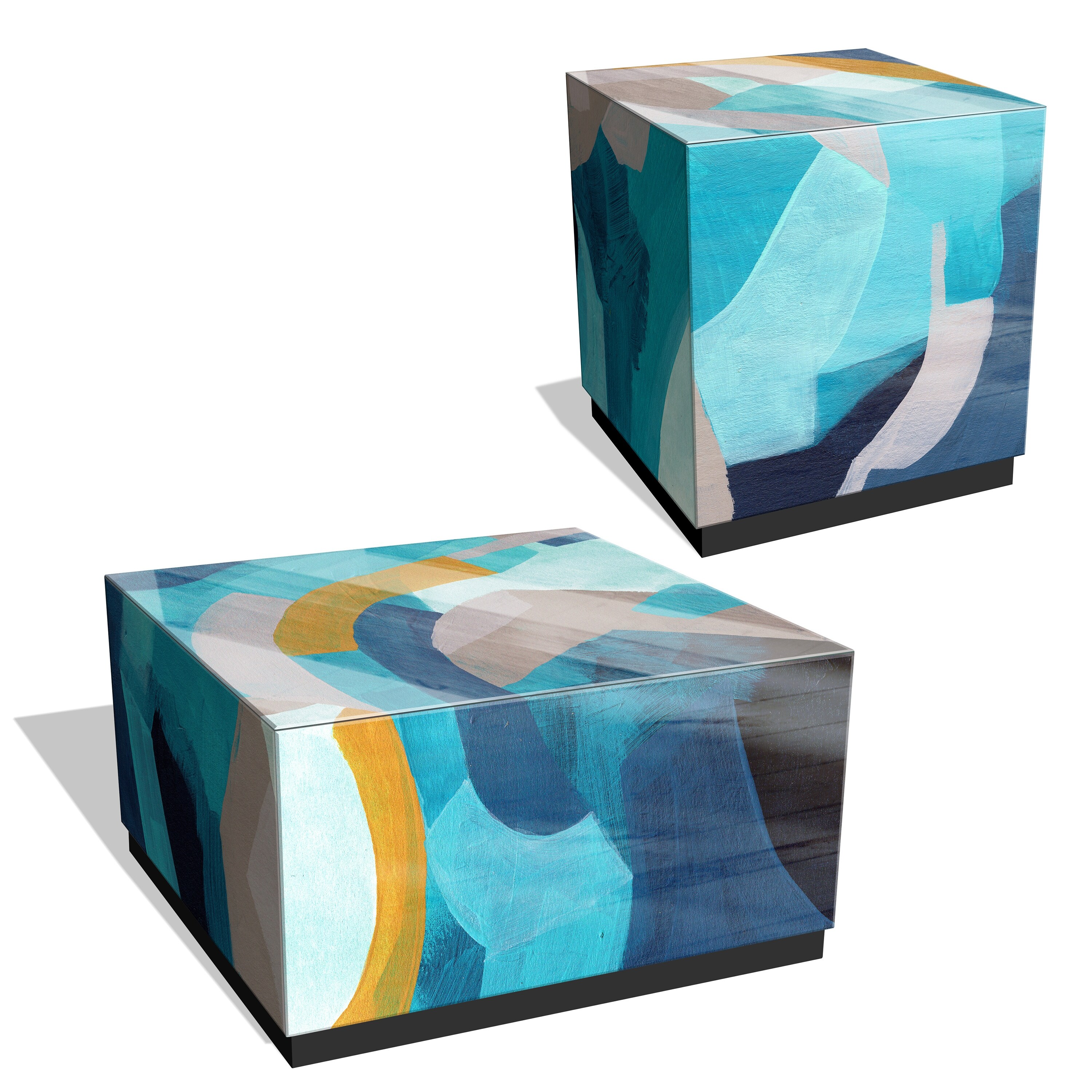 Empire Art Direct inchPuzzle Blues I and II inch by June Erica Vess Reverse Printed Beveled Art Glass Side Table with Black Plinth Base Set of 2