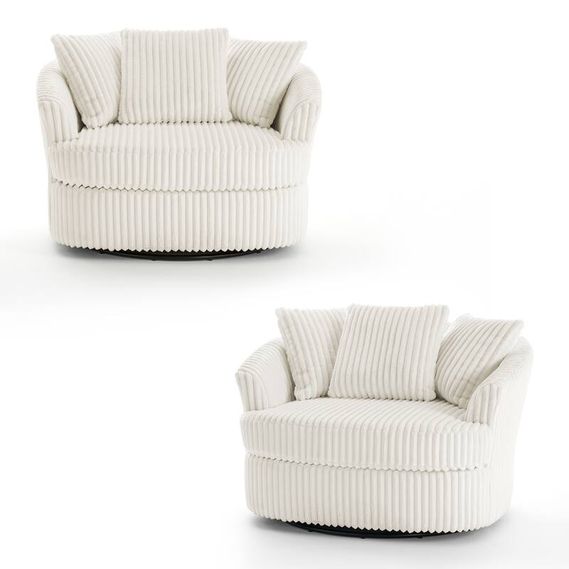 2 Set Oversized 43" W Plush Corduroy Swivel Barrel Chair with Pillows