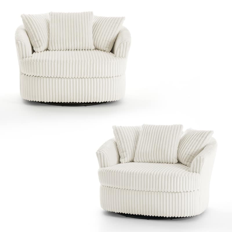 Oversized 43" W Plush Corduroy Slipcovered Swivel Barrel Chair with Pillows Set of 2