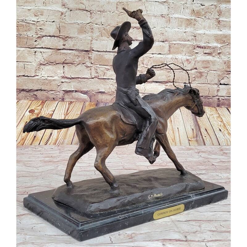 Will Rogers Solid Bronze C.M. Russell Bronze Cowboy Riding Horse Art Statue 16 Inches X 17 Inches