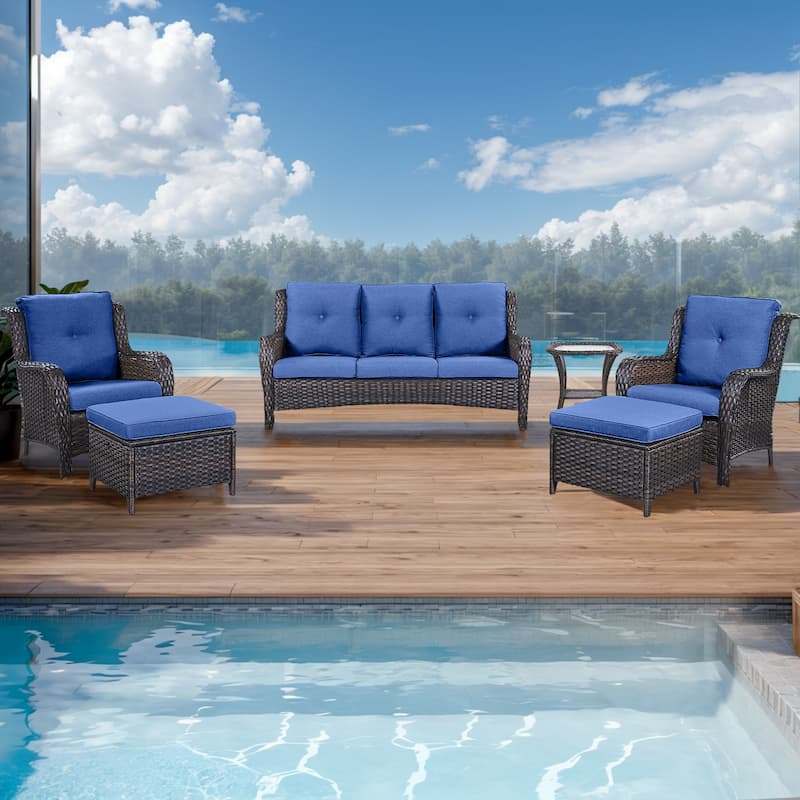 Gymojoy Outdoor Sofa Chair Ottoman Seating with Cushions - Brown - Blue