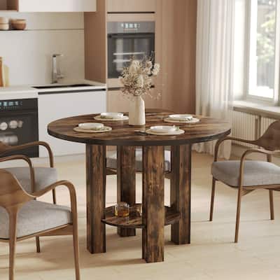 Round Dining Table for 4, 39-Inch Small Farmhouse Kitchen Dinner Table with Storage