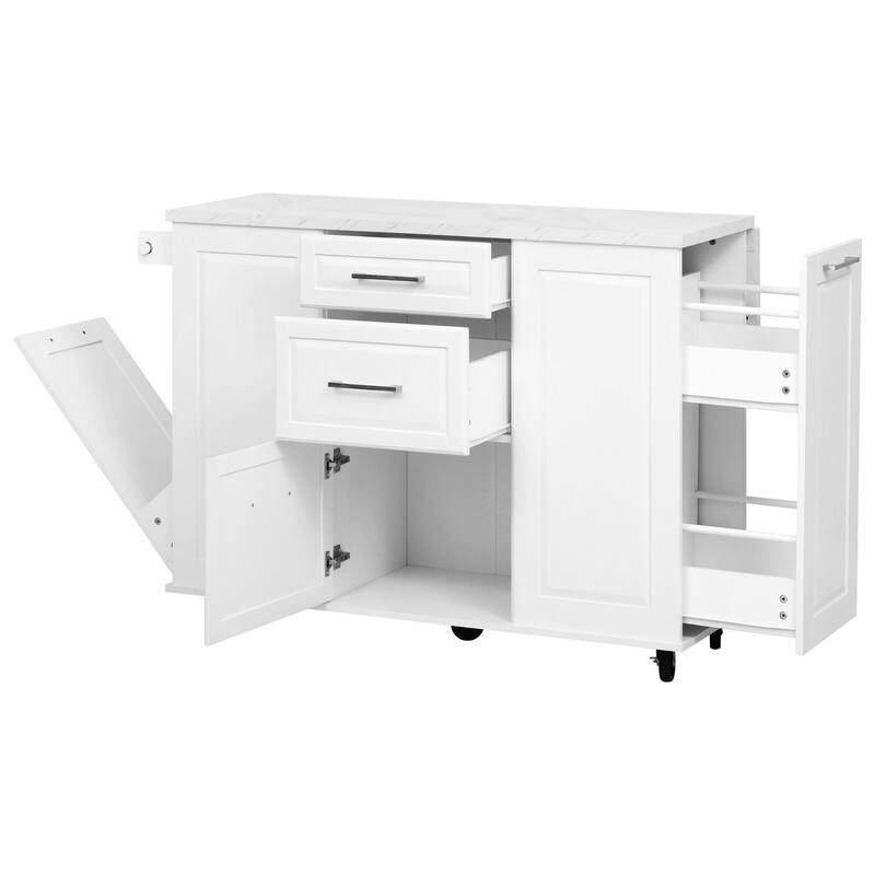 50.7" Rolling Kitchen Island - Drop Leaf, 2 Drawers, Tilt Trash Cabinet & Organizer on 5 Wheels
