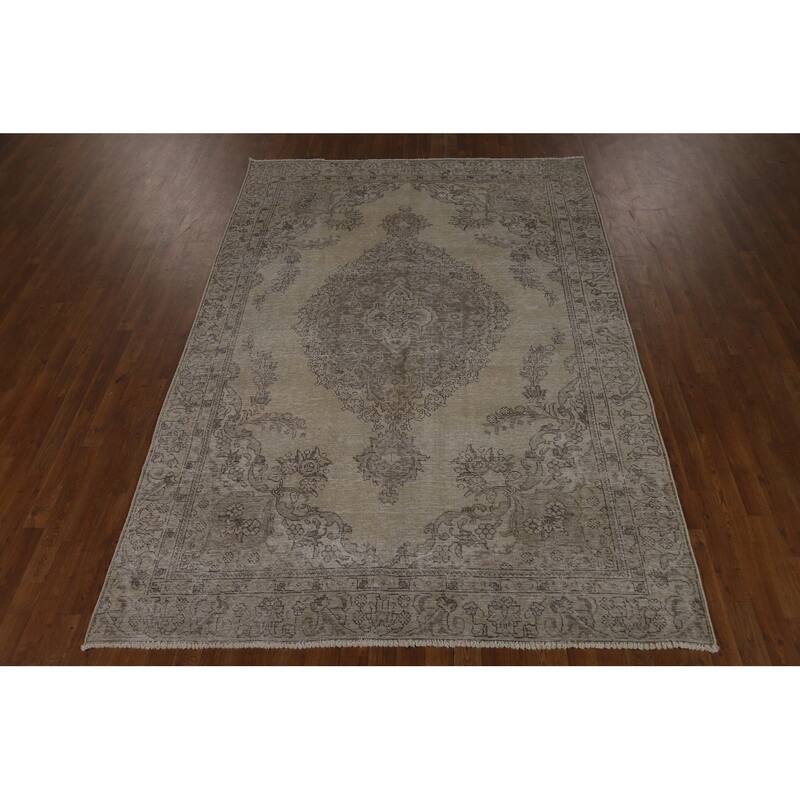 Distressed Tabriz Persian Area Rug Hand-Knotted Green Wool Carpet - 6'5" x 9'0"