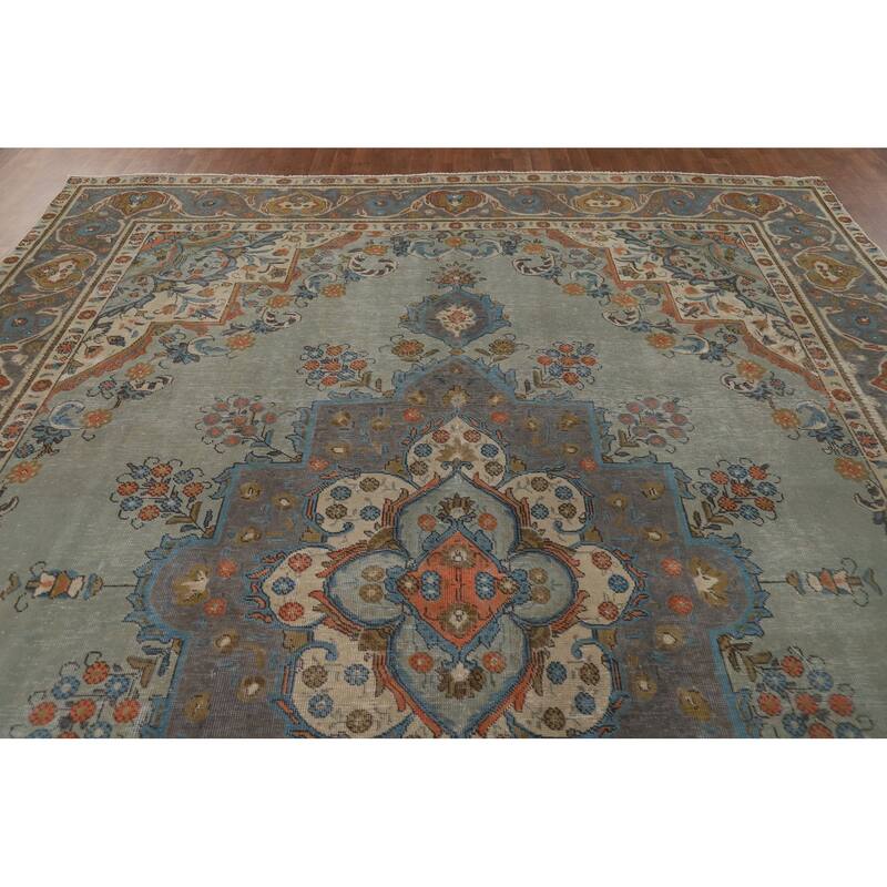 Green Tabriz Vintage Persian Area Rug Hand-Knotted Wool Carpet - 9'7" x 12'9"
