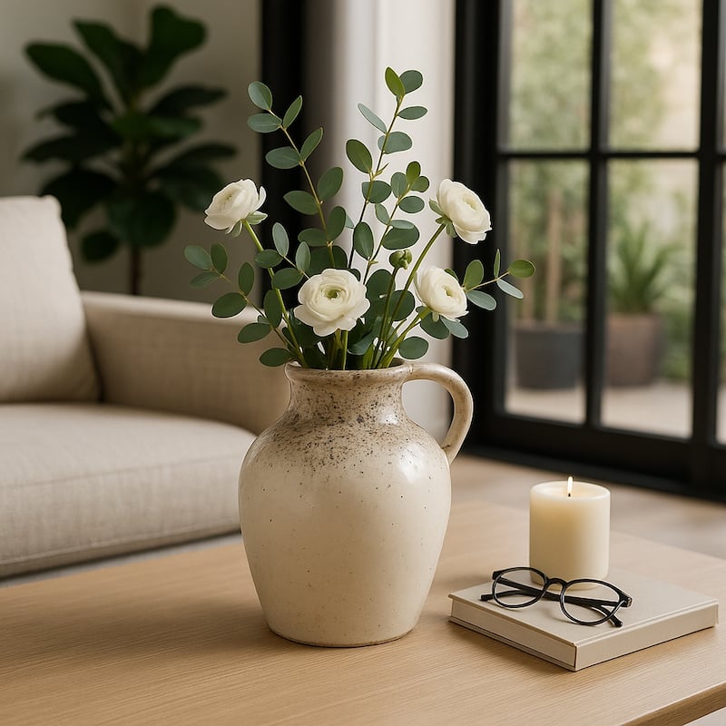 Modern Terracotta Tall Vase with Speckled Finish - Ivory & Brown