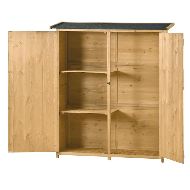 Wood Tool Organizer Garden Storage Cabinet Shed with Waterproof Asphalt Roof, Double Lockable Doors and 3-tier Shelves