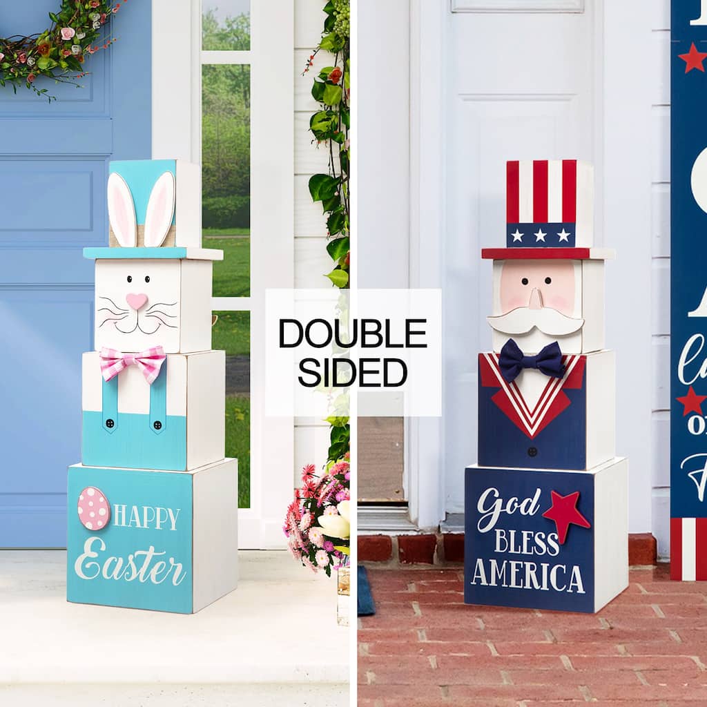 Glitzhome 24"H Easter/Patriotic Double Sided Stacked Wooden Porch Decor Bunny Uncle Sam July Fourth