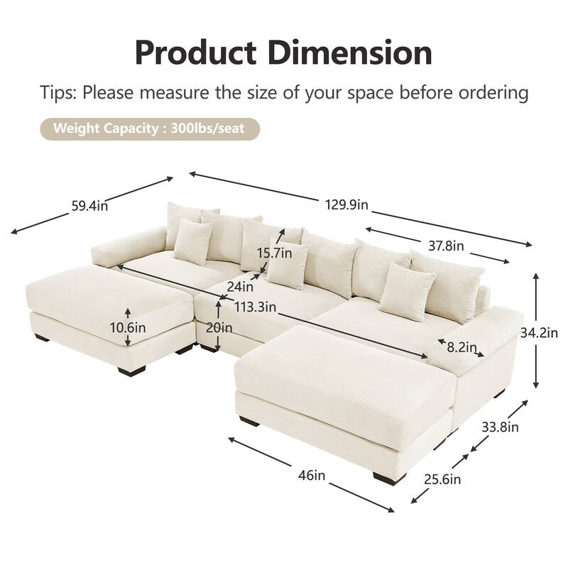 GDFStudio - Corduroy U-Shaped 3-Seater 130" Cloud Modular Sectional Couch with 2 Ottomans