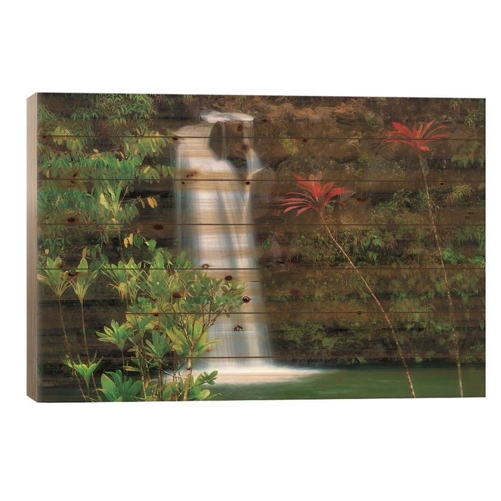 Tropical Waterfalls Print On Wood by Dennis Frates - Multi-Color