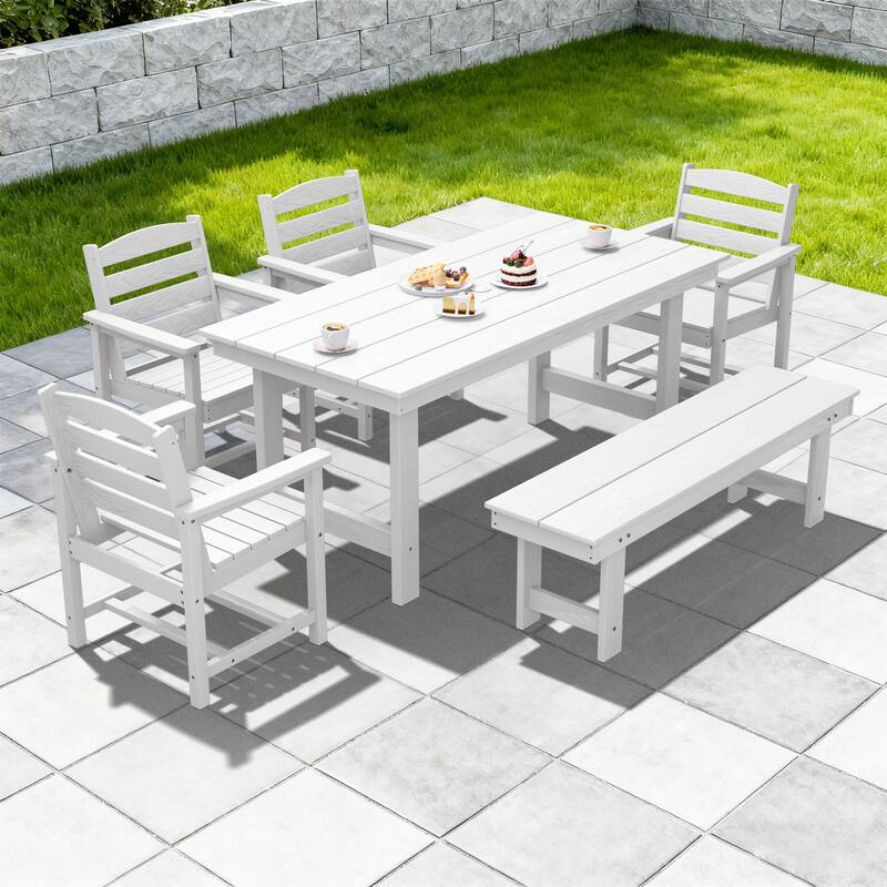 6-Piece HDPE Outdoor Dining Table Sets with Umbrella Hole - 1-Table 4-Chairs-1-Bench