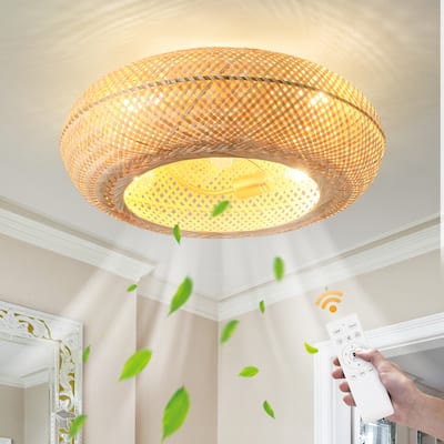 20 Inch Boho Rattan Caged Ceiling Fan with Lights Flush Mount - 4-Light