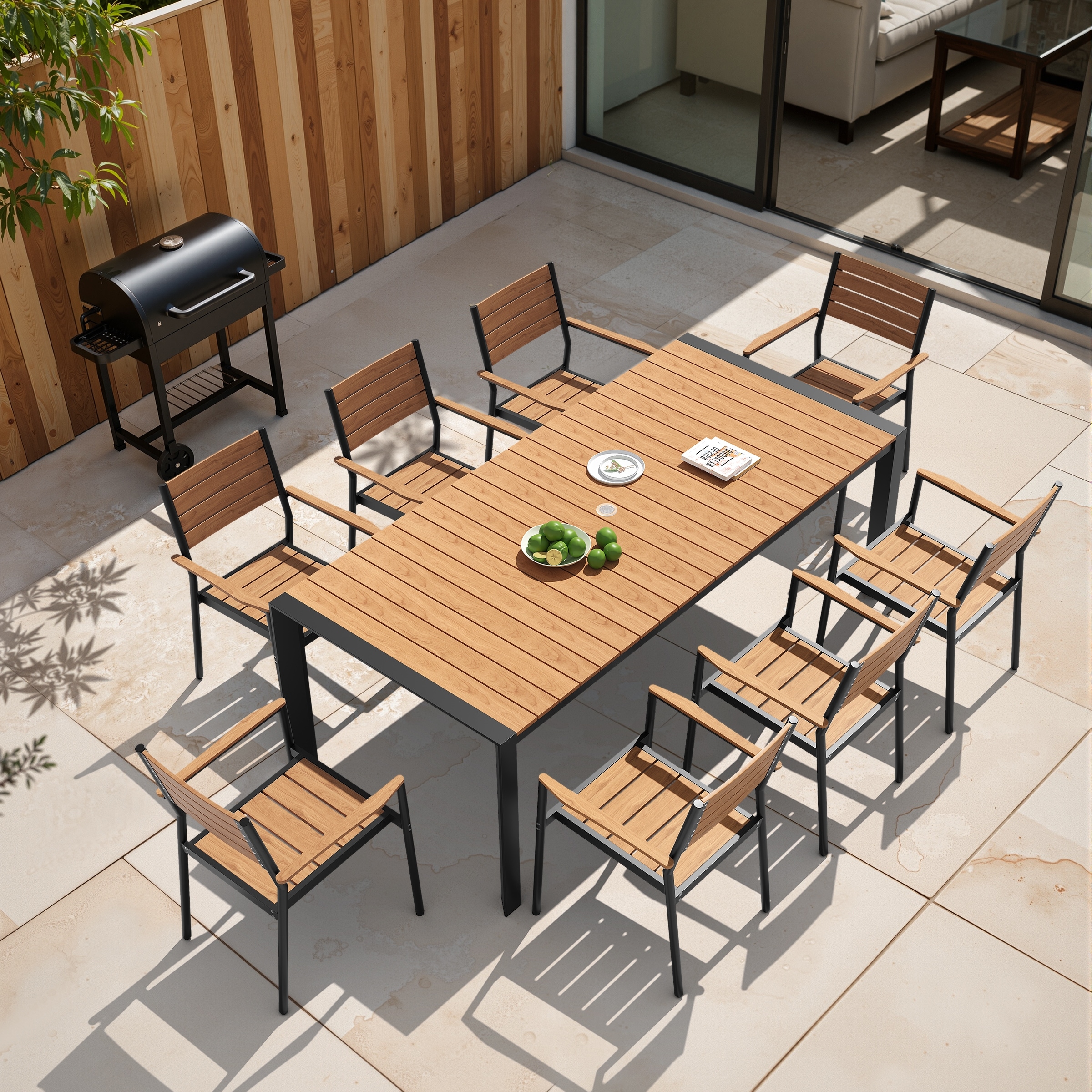 9-Piece Outdoor Patio Dining Set Wood Like Table Top Aluminum Rectangular Umbrella Hole Table with Stackable Armrest Chairs