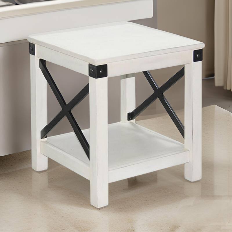 Sime Side End Table w Shelf, X Panel, 20 Inch Square Off White Wood