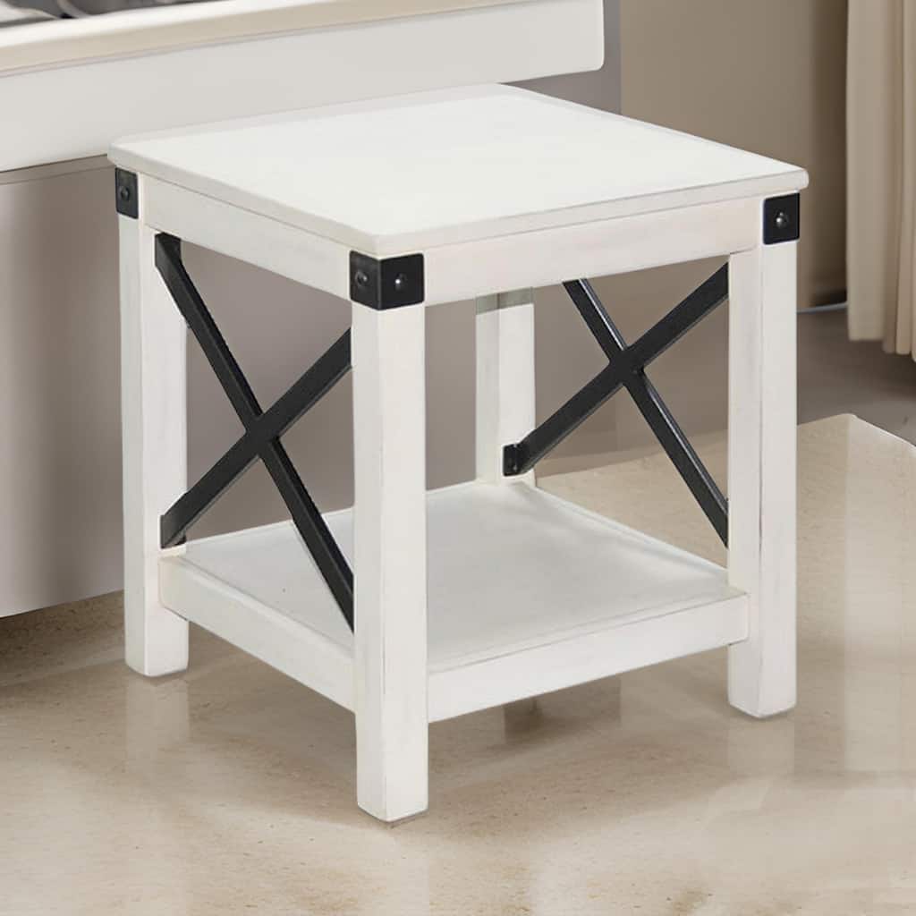 Sime Side End Table w Shelf, X Panel, 20 Inch Square Off White Wood