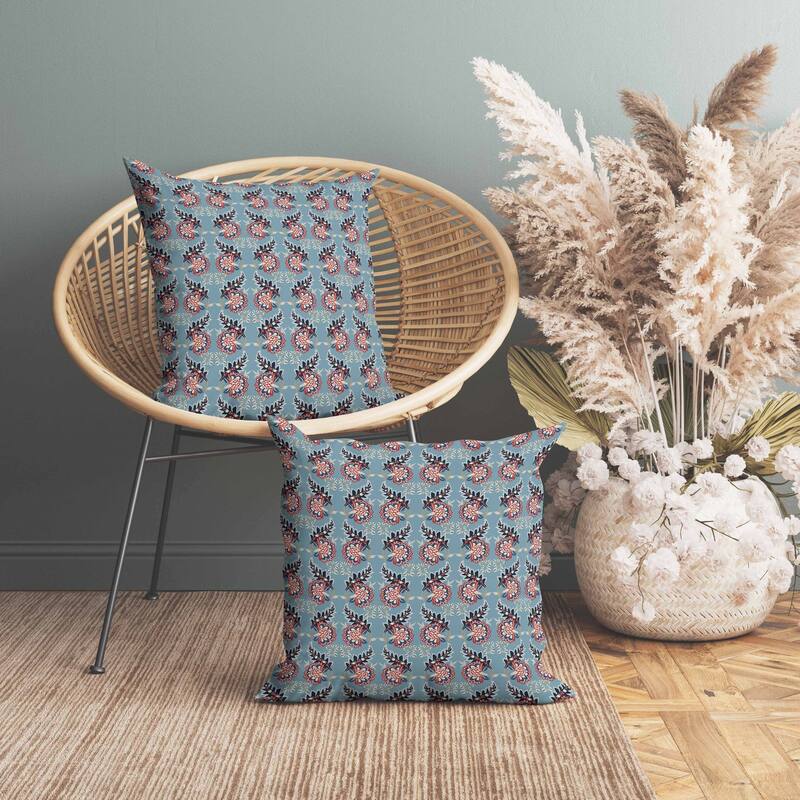Botanical Bouquet Faux Suede Reversible Throw Pillow Blue and Red