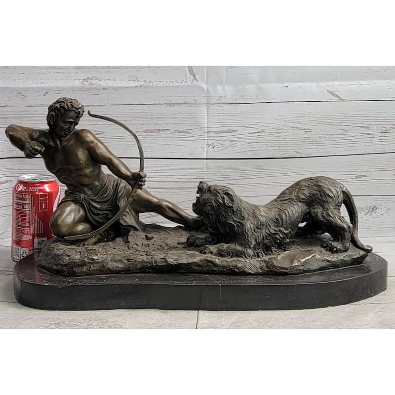 Archer Warrior Hunter Slaying Imitative Lion Bronze Sculpture Statue Figure Signed Original Art